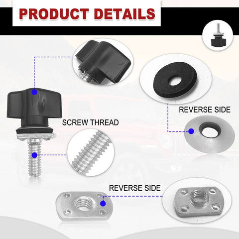 Universal Jeep Wrangler Hard Top Fastener Kit with Quick Release Bolts, detailed parts and reverse side view of screws and hardware.