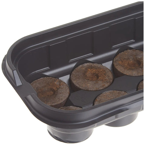 Black watertight base tray of the All In One Seed Starter Windowsill Greenhouse Kit With 12 Biodegradable 36mm Peat Pellets.