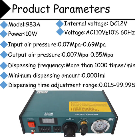 110V Semi Automatic Glue Dispenser With Digital Display And 983A Intelligent Control model specs and parameters shown