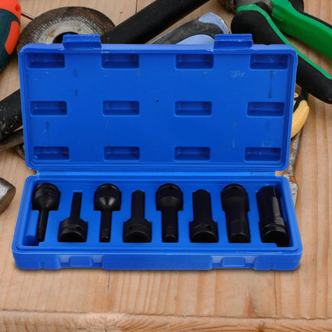 8-piece TOPPERFUN impact wrench sleeve set in a blue case with black 1/2-inch drive hex sockets and adapters