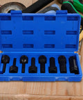 Kick Some Serious Gears With This 1/2 Impact Socket Set, Featuring Deep Thin Wall Hex Drives And A Wrench Adapter For Wheel Lock Lugs. Open blue case with 1/2-inch impact sockets and adapter