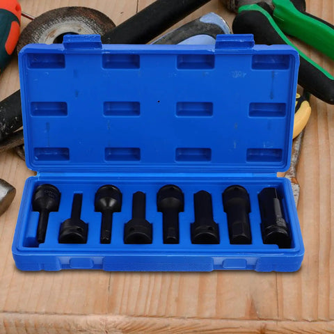 Kick Some Serious Gears With This 1/2 Impact Socket Set, Featuring Deep Thin Wall Hex Drives And A Wrench Adapter For Wheel Lock Lugs. Open blue case with 1/2-inch impact sockets and adapter