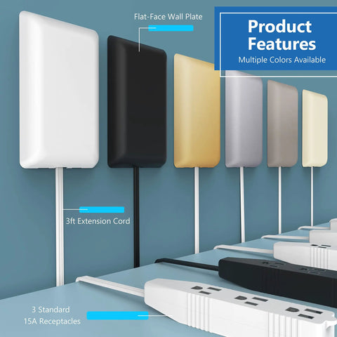 Slick Low Profile Flat Face Outlet Extender With Three Receptacles And Three Foot Power Cord Ultra Thin Build in multiple colors.