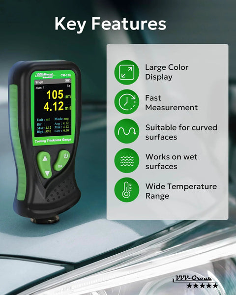 Coating Thickness Gauge CM-218 Pro Grade Paint Depth Meter For Cars And Industry, 0.01 Mil Resolution, 0-51 Mil Range, Auto Ferrous And Non Ferrous Substrate Detection Fe/Al on car paint