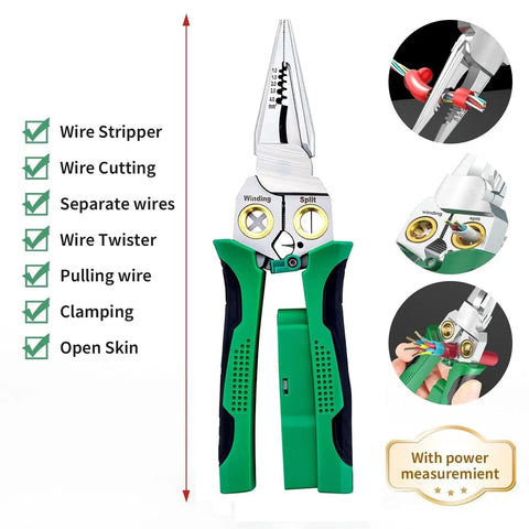 Heavy Duty 18 In 1 Wire Stripper Tool With Voltage Tester And Crimper All In One Cable Cutter Lineman Pliers with features displayed.