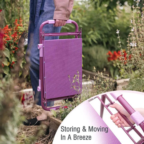 Person carrying Upgraded Garden Kneeler And Seat With Rugged Steel Frame Sturdy Kneeler Bench in a folded position