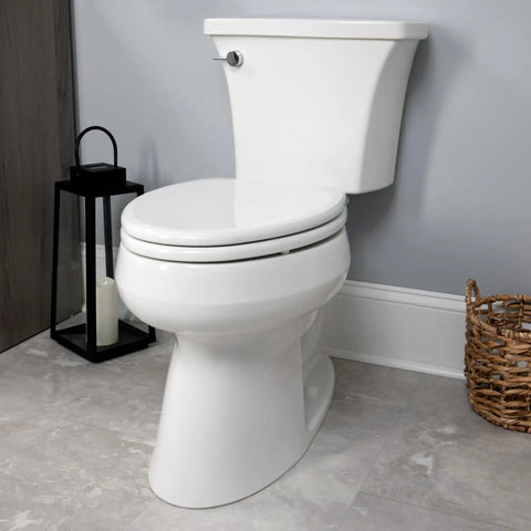Linden Soft Close Toilet Seat 2 Pack Non Slip Heavy Duty Wood Round White Easy Install Made In USA Quiet Hinges Will Not Wiggle Front To Back Adjustable Fit installed on toilet
