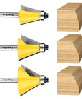 Three Piece Chamfer Router Bit Set For Woodworking, One Quarter Inch Shank, One Inch Cutting Length, Angles 15, 22.5, 30 Degrees