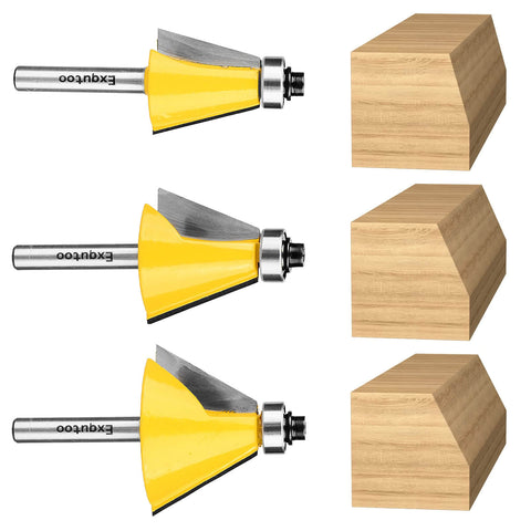 Three Piece Chamfer Router Bit Set For Woodworking, One Quarter Inch Shank, One Inch Cutting Length, Angles 15, 22.5, 30 Degrees