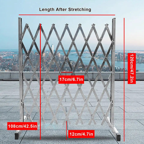 Heavy Duty Mobile Folding Security Gate Smooth Rolling Stainless Steel Access Control Barrier 120 x 108 cm in extending position outdoors.