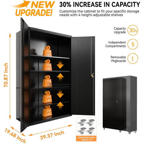 Tall And Wide Metal Storage Cabinet With Doors And Four Adjustable Shelves Beefy Heavy Duty Lockable Garage Cabinet On Wheels With Pegboard System For Office Gym Basement And Warehouse Black, open view