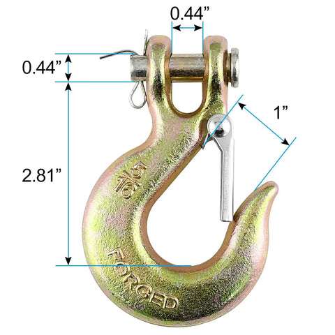 5/16 Chain Hook With Safety Latch Heavy Duty Clevis Slip Hook Grade 70 Forged Steel 14,000 Lbs Capacity Ideal For Towing, Rigging, And Industrial Construction Projects, with dimensions