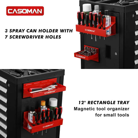 Red Magnetic Toolbox Shelf Set For Any Metal Surface, 4 Piece Organizer installed on black metal surface with tools and sprays