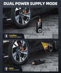 Cordless Tire Inflator Portable Air Pump With Digital Gauge And LED Light in dual power mode next to car wheel