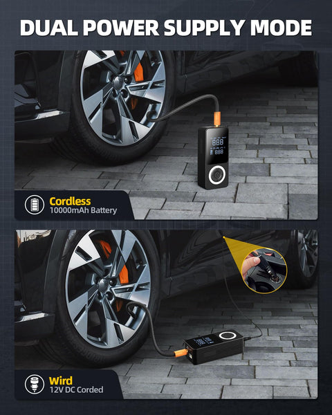 Cordless Tire Inflator Portable Air Pump With Digital Gauge And LED Light in dual power mode next to car wheel