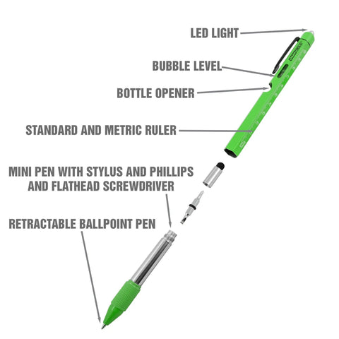 Green Two Piece Multi Tool Pen Set with Ballpoint EDC Pen and Stylus, ruler, level, flashlight, and screwdriver components
