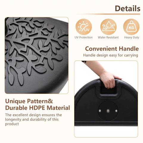 Close-up of beefy heavy duty water or sand fillable patio umbrella base stand with unique pattern and handle detail