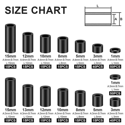 Nylon Spacers And Washers Assortment Kit With 1725 Pieces For Electrical Installations Including 345 Outlet Screws M3 And M4 Black Round Spacers size chart