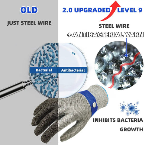 A9 Cut Resistant Kitchen Glove With Food Grade Stainless Steel Wire Mesh showing antibacterial yarn and bacteria inhibition
