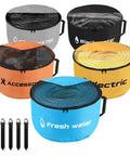 5 Pack RV Sewer Hose Storage Bags With Visible Covers And Two Way Zippers Waterproof Utility Organizer For Fresh Water Gray Water Black Water Hoses Cords And Camper Tools shown in assorted colors.