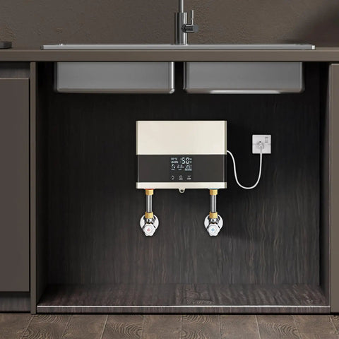 Top Tier Tankless Electric Water Heater With 110V Hot Water Delivery Featuring A Sharp Digital Display And Adjustable Wattage For Kickin Rapid Heating During Kitchen Or Bathroom Use mounted under kitchen sink.