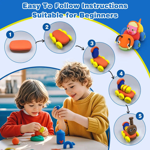 Kids playing with Air Dry Clay Kit For Kids With 158 Colors And Sculpting Tools, crafting colorful figures, DIY modeling fun.