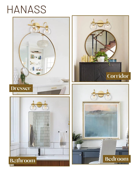 Gold Finish 15 Inch Two Light Vanity Light With Clear Globe Glass Shades Dope Modern Steel Bath Fixture in four room settings