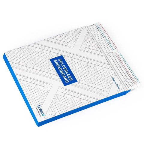 Top view of Six Pack 400 Point Solderless Breadboard Kit For Arduino Projects with clear grid and color-coded rails.