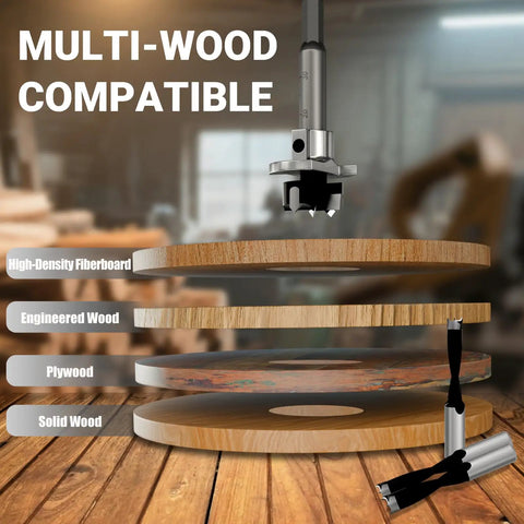 Professional Forstner Drill Bit Set Wicked Sharp Heat Treated Carbon Steel Boring Bits for multi-wood compatibility with solid, plywood.