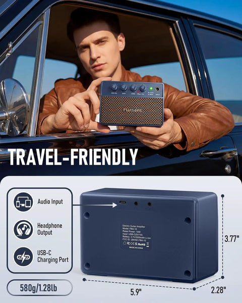 Man holding Dope 10W Mini Portable Guitar Amplifier With Clean And Drive Tones, Type-C Rechargeable Battery in car
