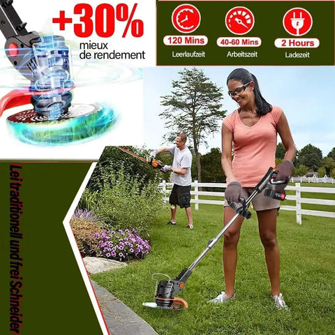 Person using Cordless 21V 4 in 1 Weed Eater With Brush Cutter Edger And Grass Trimmer Stringless Lightweight Garden Tool on grass