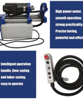 Front view of HQHAOTWU line boring machine with blue frame, motor, and remote control; 45-160 mm bore, 300 mm travel.