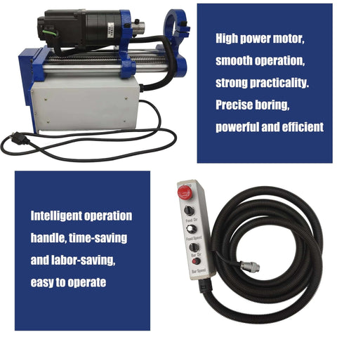 Front view of HQHAOTWU line boring machine with blue frame, motor, and remote control; 45-160 mm bore, 300 mm travel.