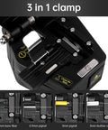 Close-up of a three-in-one FTTH fiber optic cleaver and cutter with tungsten steel blade and aluminum alloy body, showing clamps for various cables.