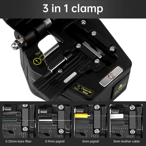 Close-up of a three-in-one FTTH fiber optic cleaver and cutter with tungsten steel blade and aluminum alloy body, showing clamps for various cables.