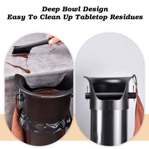 Smooth Commercial Espresso Knock Box With Detachable Vertical Grounds Catcher Bundle Includes Twenty Five Trash Liners Plus Wipe Rag, showing deep bowl design.
