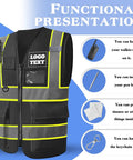 Custom Logo High Visibility Safety Vest Hella Bright Reflective Hi Vis Construction Workwear For Men And Women Crew Gear With Your Company Printed Back Panel showcasing pockets and accessories.