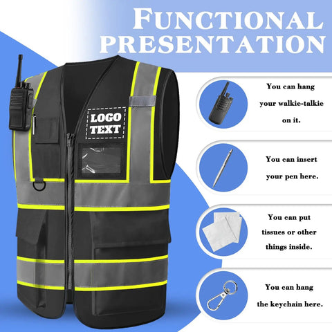 Custom Logo High Visibility Safety Vest Hella Bright Reflective Hi Vis Construction Workwear For Men And Women Crew Gear With Your Company Printed Back Panel showcasing pockets and accessories.