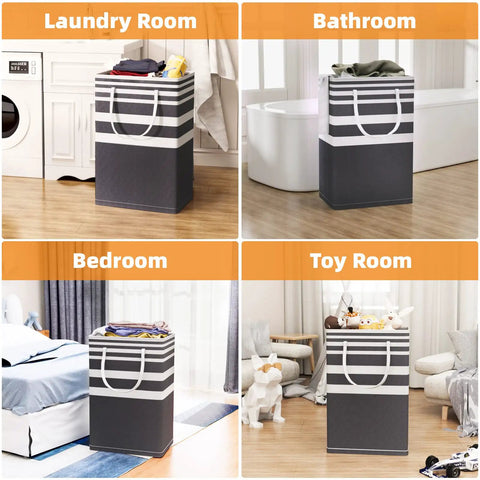 Collage of Three Pack 75L Collapsible Laundry Hamper Bins in Black with handles, shown in laundry room, bathroom, bedroom, toy room