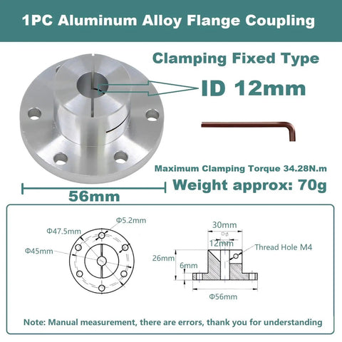 Aluminum Flange Coupling 12 mm Inner Diameter Fixed Clamp for Omni-Directional Wheel Shaft Connection with torque and dimensions chart
