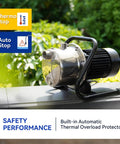 115V Shallow Well Garden Pump With Stainless Steel Body For Water Transfer And Irrigation, shown on garden wall
