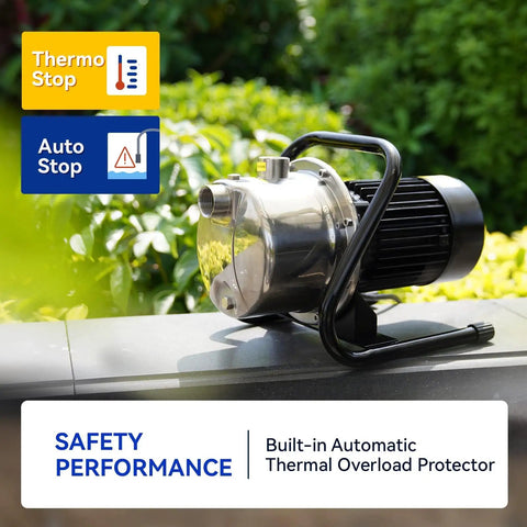 115V Shallow Well Garden Pump With Stainless Steel Body For Water Transfer And Irrigation, shown on garden wall