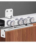 Heavy Duty Bifold Barn Door Hardware Kit featuring smooth roller track with sliding wheels for two-inch thick doors.