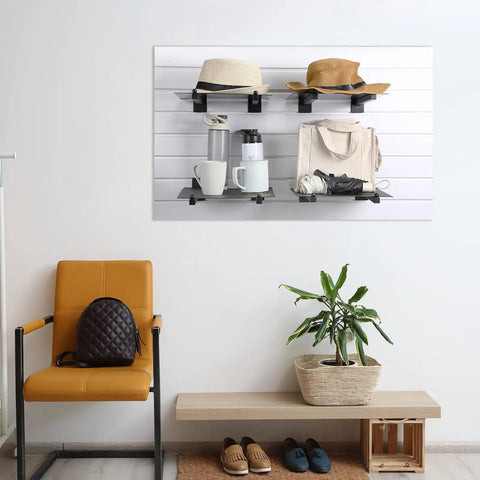 10 Piece Slat Wall Faceout Hooks Set Includes 12 Inch Metal Square Straight Arm Slat Wall Hooks And Hangers For Clothing Retail Display Great For Garage Shop Organization Durable Black Finish used for organizing hats, mugs, and bags on a white slat wall.