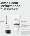Before and evolved versions of Paul Mitchell Super Clean Sculpting Gel With Firm Hold For Maximum Control And High Shine Plus Bold Texture That Stays Put All Day For Hard To Hold Styles And Coarse Hair Works On All Hair Types 3.4 Fl Oz shown side by side