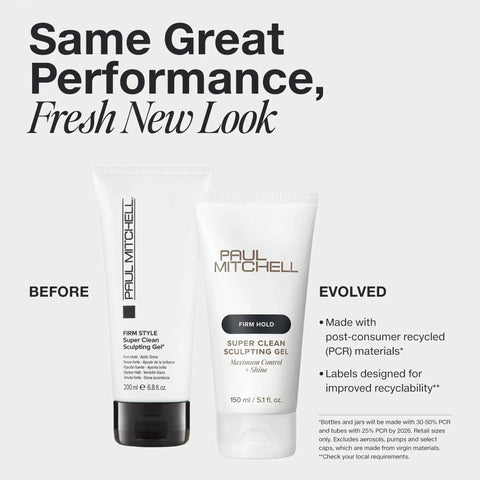Before and evolved versions of Paul Mitchell Super Clean Sculpting Gel With Firm Hold For Maximum Control And High Shine Plus Bold Texture That Stays Put All Day For Hard To Hold Styles And Coarse Hair Works On All Hair Types 3.4 Fl Oz shown side by side