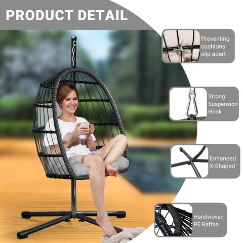 Woman relaxing in Egg Chair With Stand For Patio And Garden, Wicker Rattan Hanging Swing Hammock Seat showing cushion details.