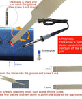 Instruction diagram for Damaged Screw Removal Kit For Phones And Laptops, showcasing cutter heads and screwdriver use.