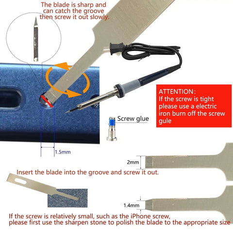Instruction diagram for Damaged Screw Removal Kit For Phones And Laptops, showcasing cutter heads and screwdriver use.