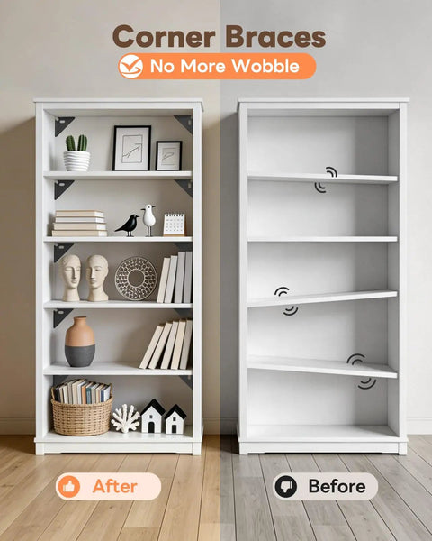 Heavy Duty Corner Brackets For Wood Furniture, Boss Level 350 Lbs Support, Matte Black Steel Braces holding a sturdy bookshelf.